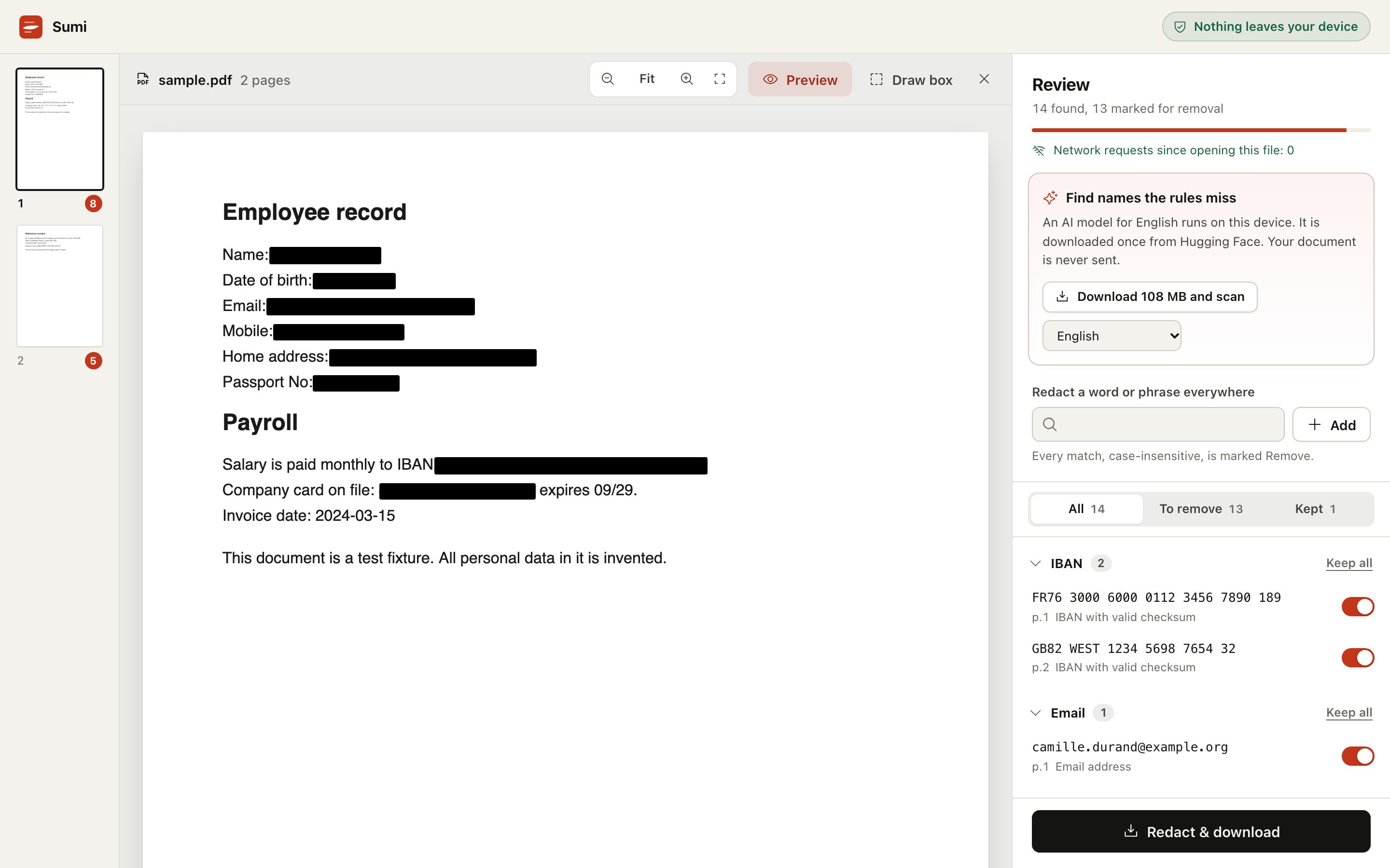 The same record with each approved item covered in solid black