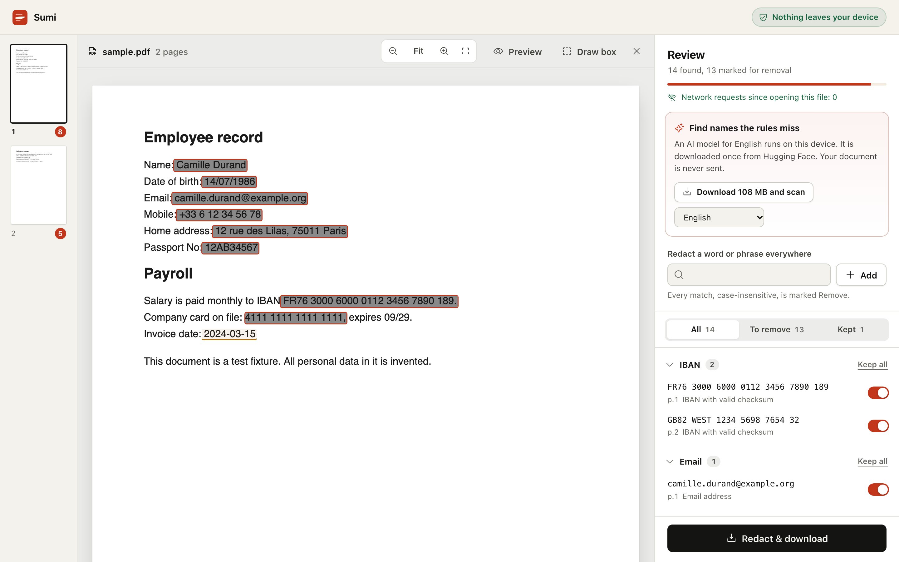 Sumi highlighting personal data on a sample record